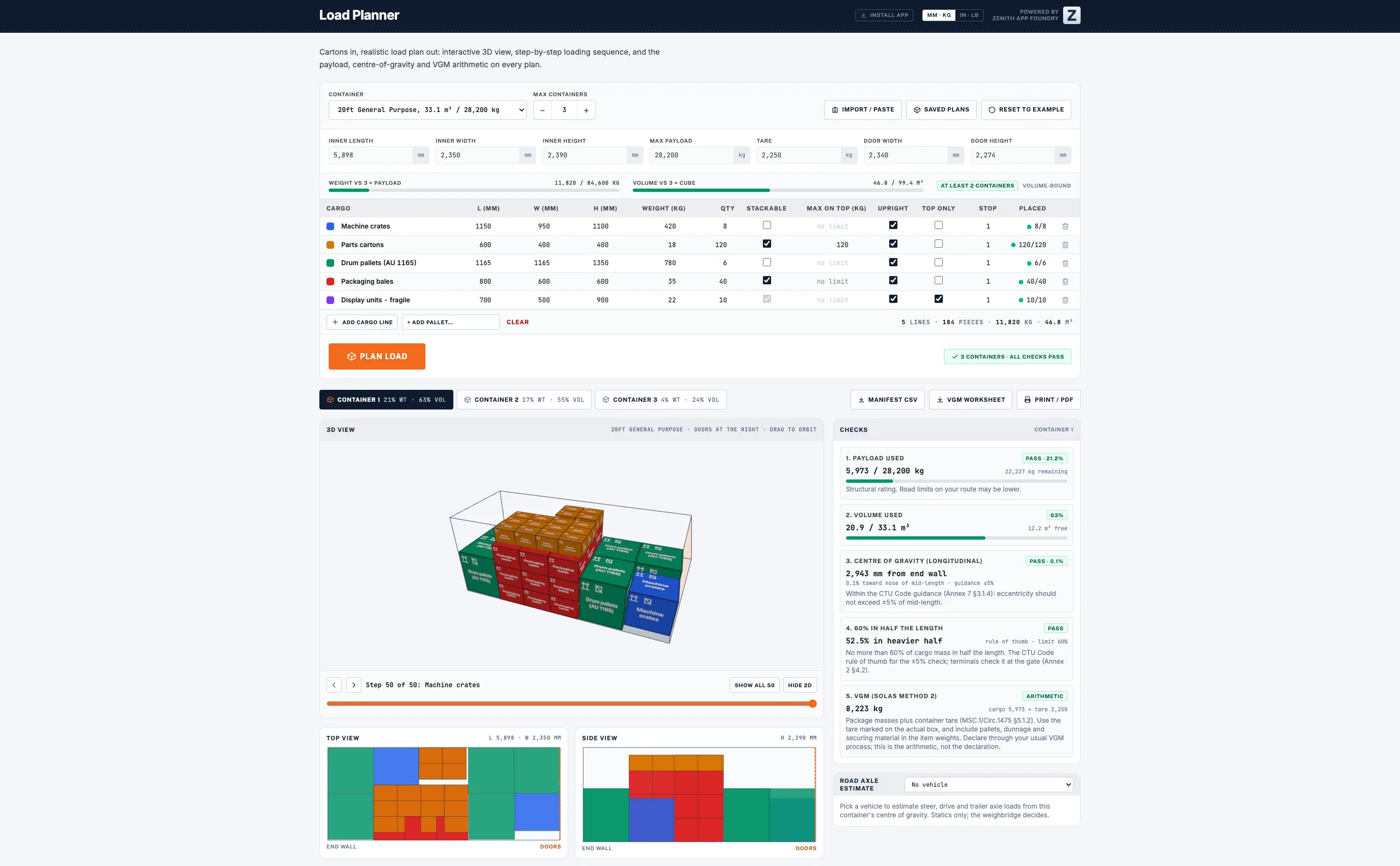 The Load Planner 3D view: a 20ft container packed with machine crates, parts cartons, drum pallets, packaging bales and display units, with the cargo list and container checks alongside.